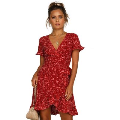 China 2020 Summer Breathable Fashion Casual Floral Printed V-Neckline Lace Up Irregular Ruffles For Women Lady Dress for sale