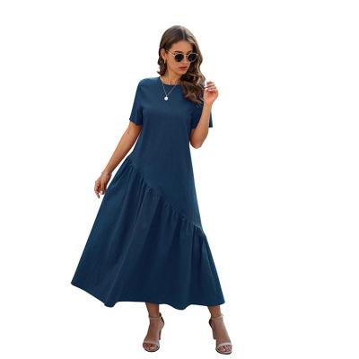 China Breathable Casual Loose Pleated Long Maxi Short Pleated Neck Sleeve Button Closure Solid Color O To The Back Summer Dresses Women for sale