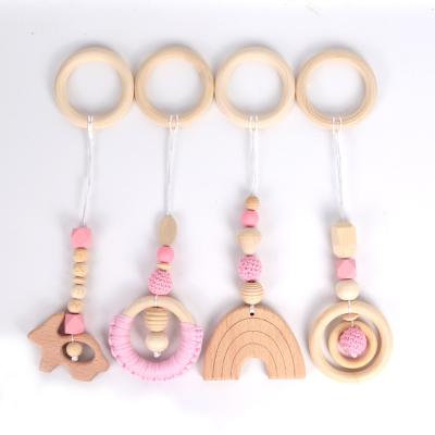 China New Design Eco-friendly Ring Baby Teether Feather Wooden Silicone Toy Accessory Diy Cartoon Beech Bead Chain for sale