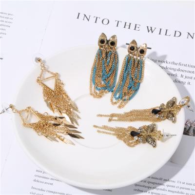 China New Trendy Ethnic Style Delicate Boho Owl Dangle Bohemian Animal Long Tassel Chain Earrings for sale