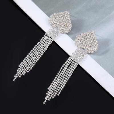 China New Retro Vintage Drill Steel Alloy Copper Glass Needle Silver Rhinestone Tassel Earrings For Women for sale