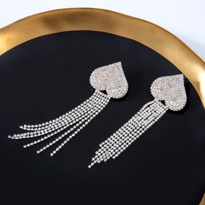 China New Retro Vintage Drill Steel Alloy Copper Glass Needle Silver Rhinestone Tassel Earrings For Women for sale