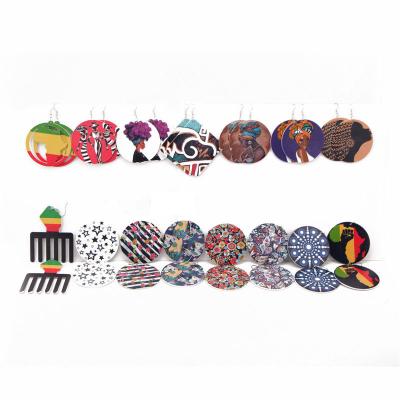 China FASHIONABLE Colorful Wood Earring African Portrait Queen Painted Round Map Wood Earring For Women for sale