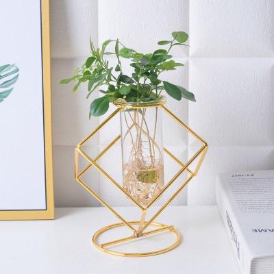 China Modern Plant Stand Metal Vase Flower Vase Metal Vase Nordic Gold Mini Glass Greenhouse Geometric Iron Home Decor Line for sale