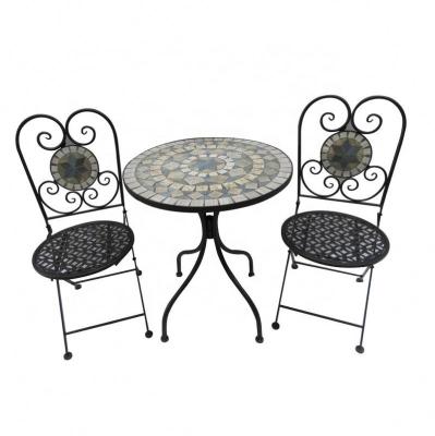 China Modern Customized Outdoor Folding Metal Mosaic Ceramic Furniture Sets Metal Mosaic Bistro Set for sale