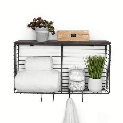 China Classic Home Storage Metal Wire Mesh Wall Mount Basket With Decorative Rectangular Hooks for sale