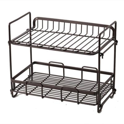 China Sustainable Double Kitchen Rack 2-Tier Kitchen Countertops Brown Metal Organizer Spice Dish Storage Rack for sale