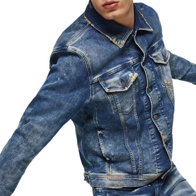 China Breathable warm blue wash holed wholesale fahsion vintage men's denim trucker jacket jeans jackets men for sale