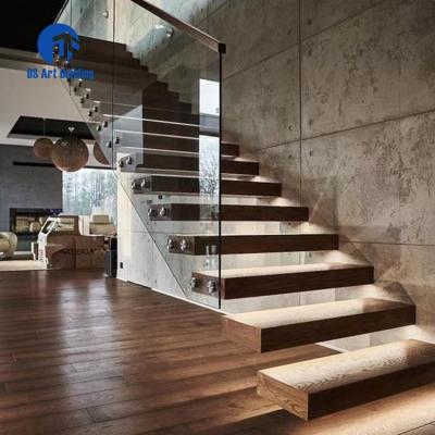 China Modern DS Customized Luxury Villa Solid Wood Staircase LED Light Design Modern Indoor Floating Staircase for sale