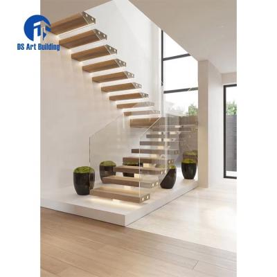 China Modern DS Stringer Glass Floating Staircase Hidden Staircase Made to Order Modern Wood Staircase for sale