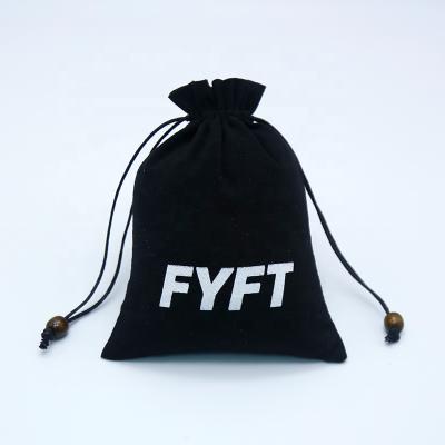 China Zipper Black Cotton Materials Storage Bag Cotton Drawstring Pouch With Logo Printing for sale