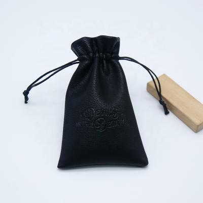 China Custom Fashion 9.5x16cm PU Leather Lipstick Bag Logo Black Leather Pouch Drawstring for sale