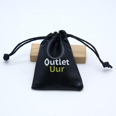 China Fashion Custom Black Leather Pouch Jewelry Packaging PU Leather Drawstring Pouch for sale