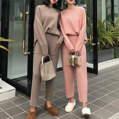 China 2021 Winter Sweater Tracksuits Anti-Static Casual Thick O-Neck Pullovers And Elastic Waist Pants Suit Female Knitted 2 Pieces Set for sale