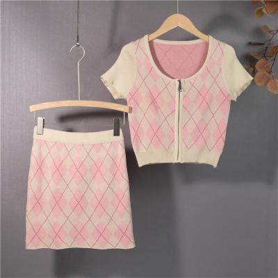 China Anti-Static Casual Knitted Two-Piece Women Sets Sumer Office Lady Short Sleeve Zipper Diamond O-Neck Cardigan And Short Skirt 2 Pcs Suits for sale