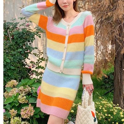 China Lady Winter Women Office Casual Knitted Thick Warm Anti-Static Long Sleeve Rainbow Two Piece Sets Striped Cardigan and Skirt 2 Pcs Fits New for sale