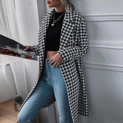 China 2021 Viable Autumn Winter Fashion Female Loose Houndstooth Long Coat Casual Blends Jacket Wool Women's Warm Coat for sale