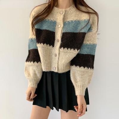 China Korea Main Autumn Winter Single-Breasted 2021 Retro Breathable Sweater O-Neck Knitted Coats Color Contrast Cardigan Crop Female Striped Top for sale