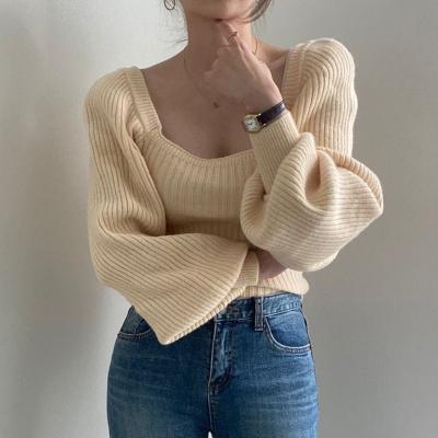 China Breathable Stylish Square Collar Women Retro Sweater Knitted Female Sweater Tops Streetwear Sweater Autumn Puff Long Sleeve Elastic Tops for sale