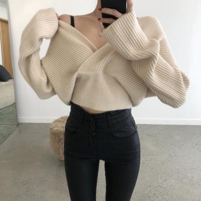 China Breathable Stylish V-Neck Women Crossover Sweater Knitted Female Crop Tops Sweater Streetwear Sweater Autumn Puff Long Sleeve Elastic Tops for sale