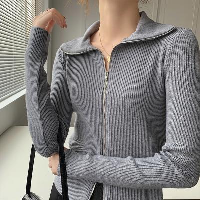 China 2021 Autumn Winter two way turn-down collar women breathable casual cardigans sweaters two way zippers sleeves long short female knitting tops for sale