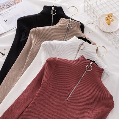 China Breathable Chic Pullover Sweater Tee 2021 Women Autumn Winter Long Sleeve Ring Zipper Turtle Neck Knitted Tops Solid Fmale Pullover Top for sale