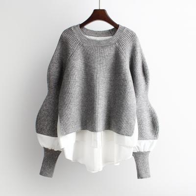 China Autumn Winter Fashion Casual Knitted Breathable Sweater Tops Women Long Sleeve Plus Size Fake Patchwork Loose Shirt Two Piece Sweater for sale