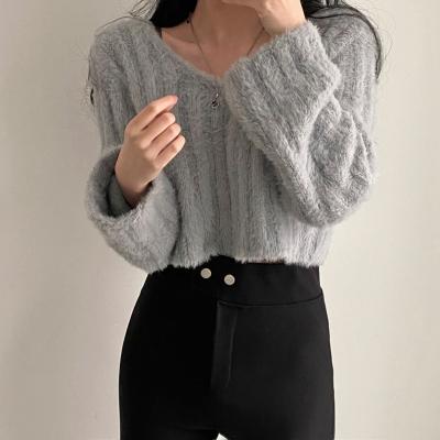 China 2021 Female Casual Knitted Tops Mohair Sweater Women Autumn Winter Long Sleeve Shorts Style Breathable Loose Lazy V-Neck Sweaters for sale