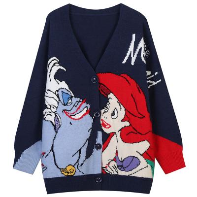 China Factory Custom V-neck Jacquard Breathable Knitted Sweater Women Movie Theme Character Cartoon Design Plus Size Cardigan for sale