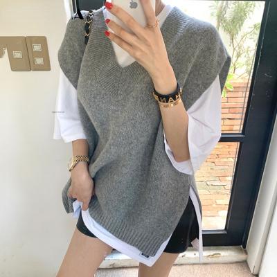 China Breathable Chic Women Korea Autumn Loose Knitted Vest For Winter Gray Sleeveless Split Thick V-Neck Sweater Vest Tops Female Outwear 2021 for sale