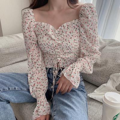 China Autumn Vintage Floral Print Square Neck Breathable Ruffle Spring Elasitc Long Sleeve Crop Tops Women Chiffon Blouse Sweater Shirts Tops for sale