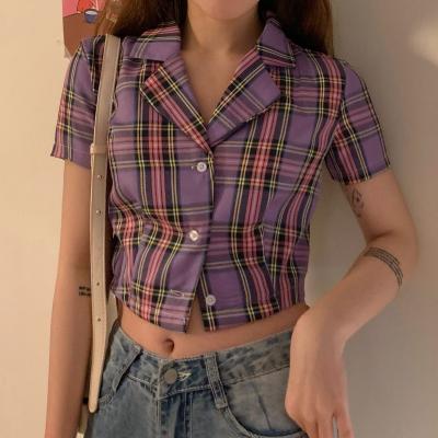 China Breathable Fashion Vingtage Women Wholesale Plaid Printing Short Sleeve Lapel Blazer Shirt Crop Tops Girls Casual Chiffon Blouse Tops for sale