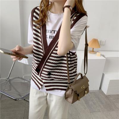 China Autumn Korean Sleeveless Knitted Vest Viable Women's Retro One Button Irregular Loose Sweater Vests Striped Women's Tank Tops for sale