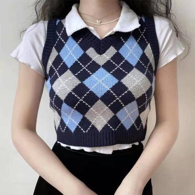 China Autumn Fashion Female Vintage Breathable Plaid Sweater Vests Women's Tank Tops Crop Women's Knitted Top Sleeveless Sweater Knitted Vest for sale