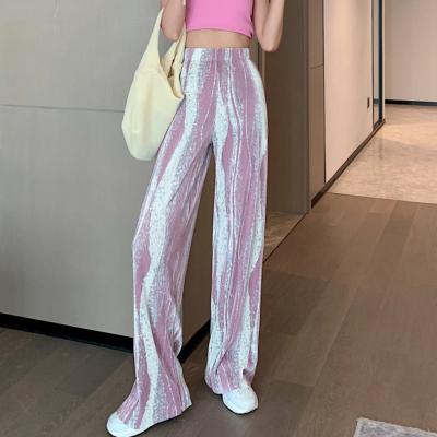 China 2021 Summer Women's Waterproof Women's Ins Waist High Tie-Dyeing Wide Leg Pants Floor Length Trousers Female Floor Length Silk Pleated Slim Ice Street Loose Panties Long for sale