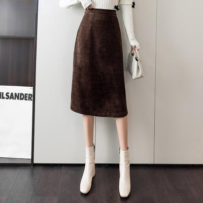 China 2021 Women High Waist Butt Corduroy Anti-Static High Waist Skirt Autumn Winter Office Lady Solid Elegant Midi Slit Back Skirt For Woman for sale