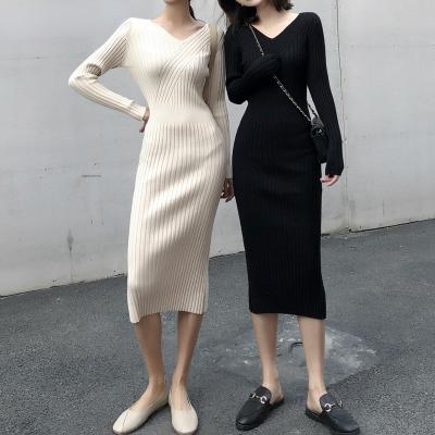 China Korea Autumn Long Sleeve Anti-Static Stylish V-Neckline Striped Knitted Dresses For Women Winter Swater Elastic Pencil Midi Dress Mujer Vestidos for sale