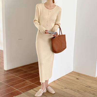 China Korea Autumn Long Sleeve Elegant Chic O-Neck Anti-Static Knitted Dresses For Women Winter Button Swater Midi Loose Lazy Dress Mujer Vestidos for sale