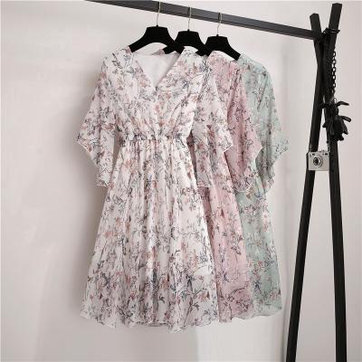 China Chiffon Dress Two Layer Summer Autumn Flare Sleeve Mini Dress Vestidos Women Casual Bohemian Floral Print Viable V-Neckline for sale