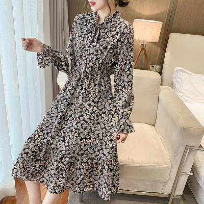 China Anti-Static Elegant Ruffles Bow Lace-up Women Full Sheath Ladies A Line Feminine Mujer Vestidos 2021 Summer Elastic Slim Waist Floral Dress for sale