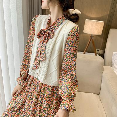 China Anti-Static Office Ladies Bow Dress 2021 Gardenia Floral Print Dresses Autumn Long Sleeve Female Chiffon Midi Neck Women Mujer Vestidos New for sale