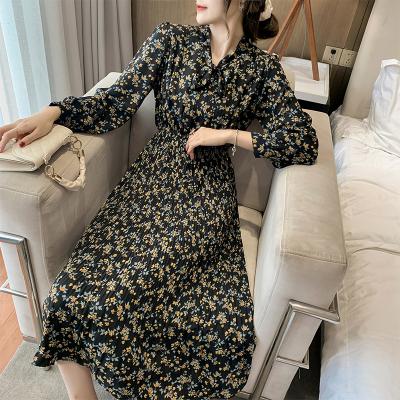 China Anti-Static Elegant Bow Neck Women Floral Print Dress With Stripe Pleated Chiffon A-Line Dress 2021 Autumn Long Sleeve Female Mujer Vestidos for sale