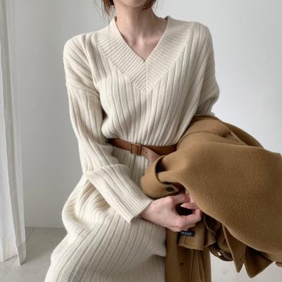 China 2021 Viable Statistical Institute Autumn Winter Fashion Female Long Sleeve V-Neck Knitted Dress Women Casual Wear Warm Sweater Dress for sale