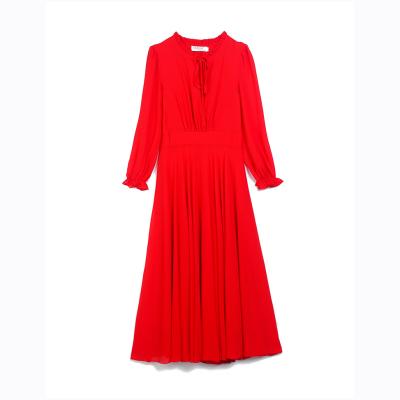 China Women Holiday Anti-Static Chiffon Dresses Autumn Elegant Solid Long Sleeve 2021 Holiday Midi Dress Long High Waist Female Beach Dress for sale