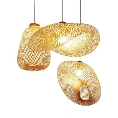 China Antique Handmade Bamboo Lamp Wicker Rattan Wave Shade Pendant Light Vintage Japanese Lamp Suspension Home Indoor Dining Table Room lamp for sale