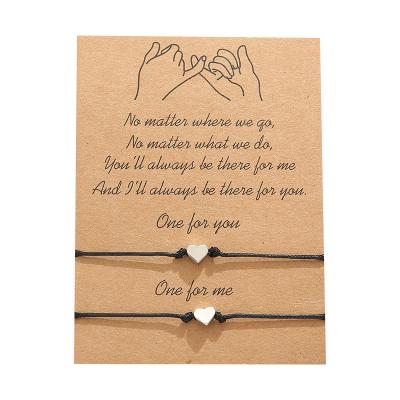 China FASHIONABLE Explosive Metal Pendant Custom Simple Heart Shaped Wax Wire Braided Bless Card Couples Bracelet for sale