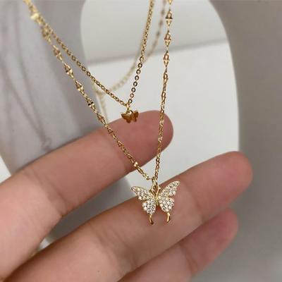 China FASHIONABLE Korean version of popular niche female temperament zircon butterfly double-layer necklace simple design clavicle chain for sale