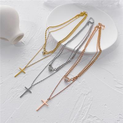 China Delicate Vintage Double Rings With Cross Titanium Steel Jesus Pendant Women Necklace Jewelry Gifts Zircon for sale