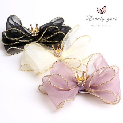 China hairpin yellow pink about 12.5 cm three-dimensional bow three-dimensional organza crown hairpin children's hair clip top hair accessory black for sale