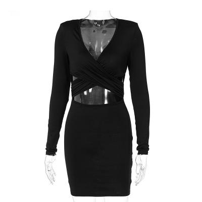 China Lower Prices Breathable Sexy V-Neck Bag Hip Skirt Long Sleeve Cavity Pleated Casual Dress for sale